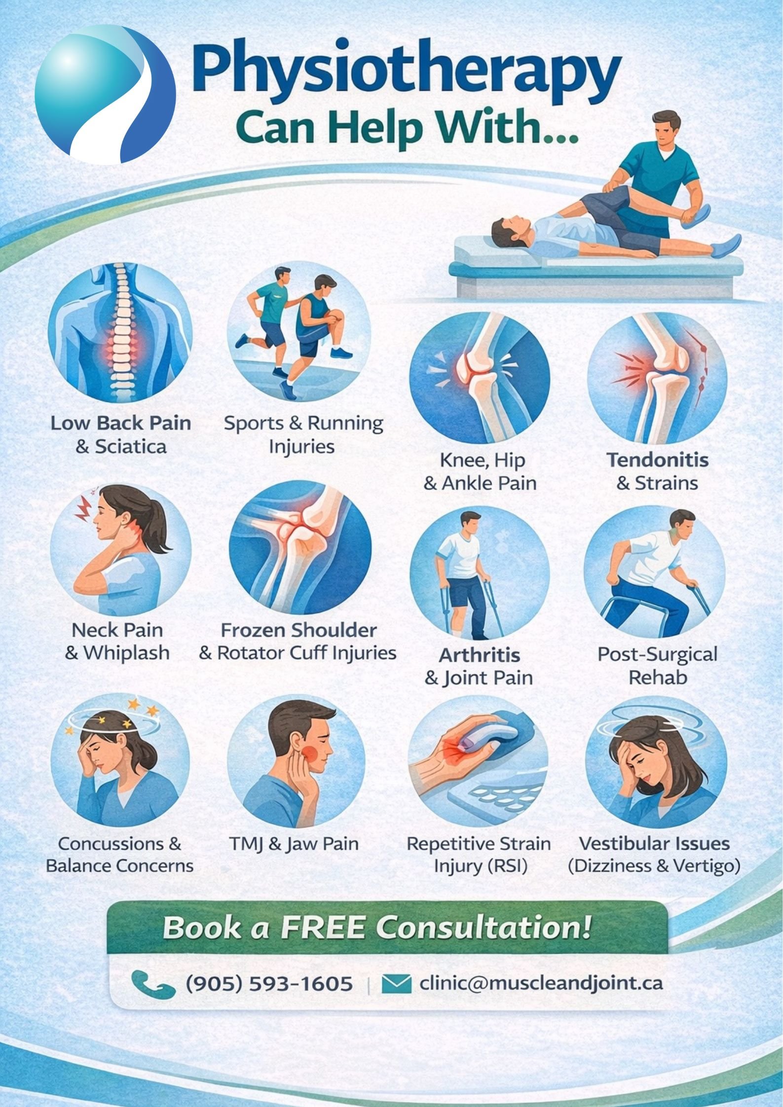 A flyer advertising physiotherapy services, listing conditions treated such as low back pain, sports injuries, knee, hip, and ankle pain, tendinitis, neck pain, frozen shoulder, arthritis, post-surgical rehab, concussions, TMJ, repetitive strain injury, and vestibular issues. It features illustrations of each condition and a physiotherapist working with a patient, along with contact information and a promotion for a free consultation.