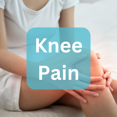 Person holding their knee with the words 'Knee Pain' displayed in the center