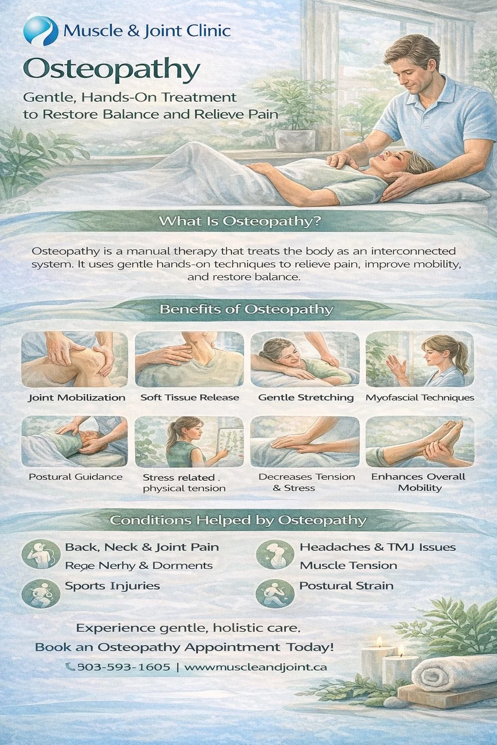 A flyer for a muscle and joint clinic advertising osteopathy services, depicting a healthcare professional performing a gentle treatment on a patient lying on a treatment table, with information about osteopathy benefits and conditions it helps.