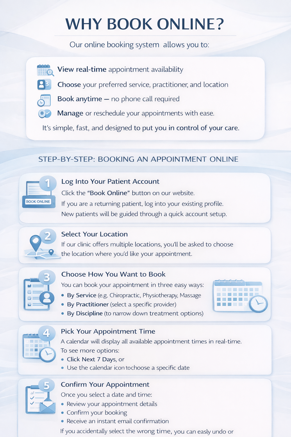 A flyer explaining how to book an appointment online, detailing steps such as logging into a patient account, selecting a location, choosing a method to book, picking a time, and confirming the appointment, with icons representing each step.
