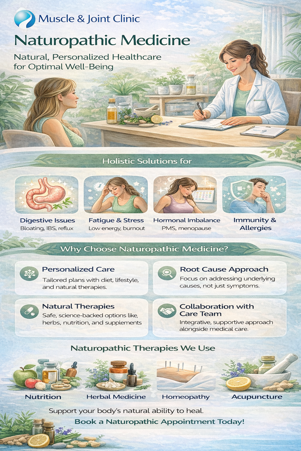 Flyer for Muscle & Joint Clinic promoting naturopathic medicine with imagery of a young girl at a consultation with a naturopathic doctor, herbal medicine, and holistic health concepts related to digestive issues, fatigue and stress, hormonal imbalance, immunity, natural therapies, and holistic treatments.