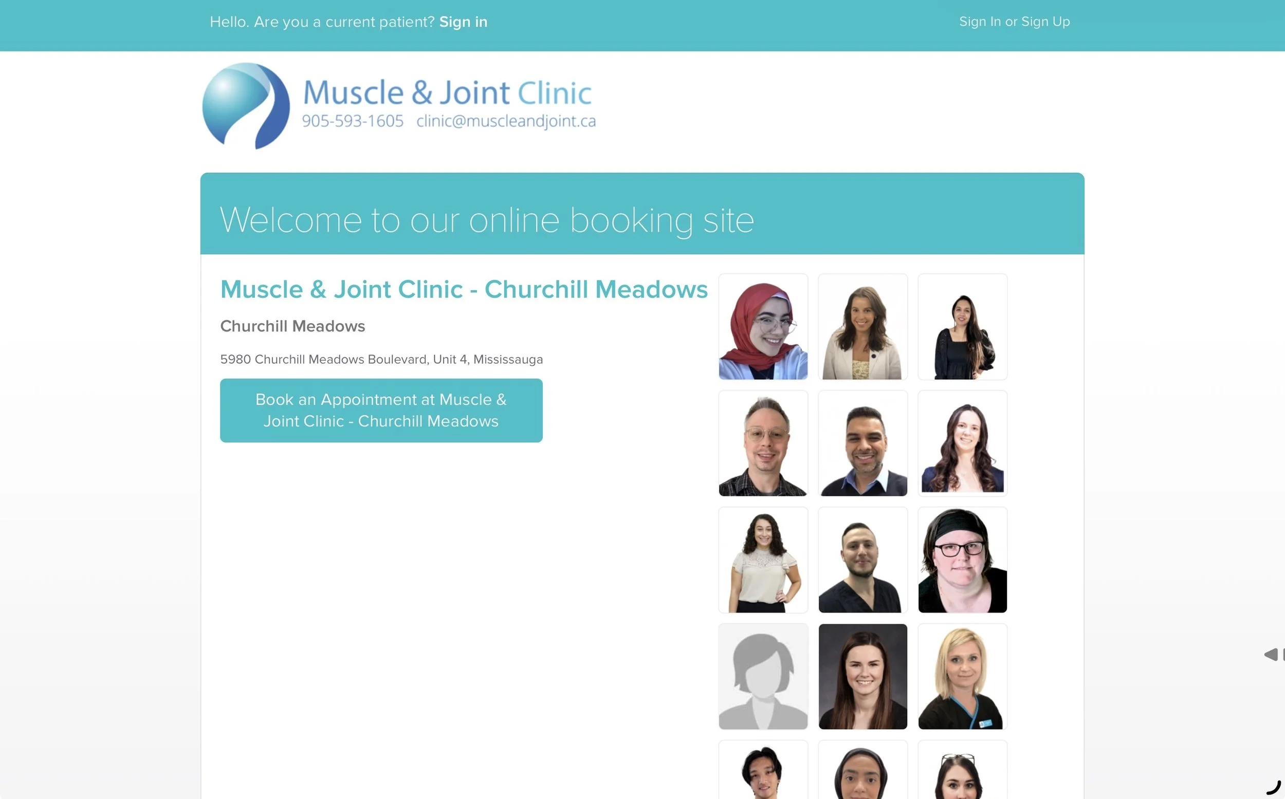 Online booking webpage for Muscle & Joint Clinic - Churchill Meadows, featuring a grid of diverse staff photos and a booking button.