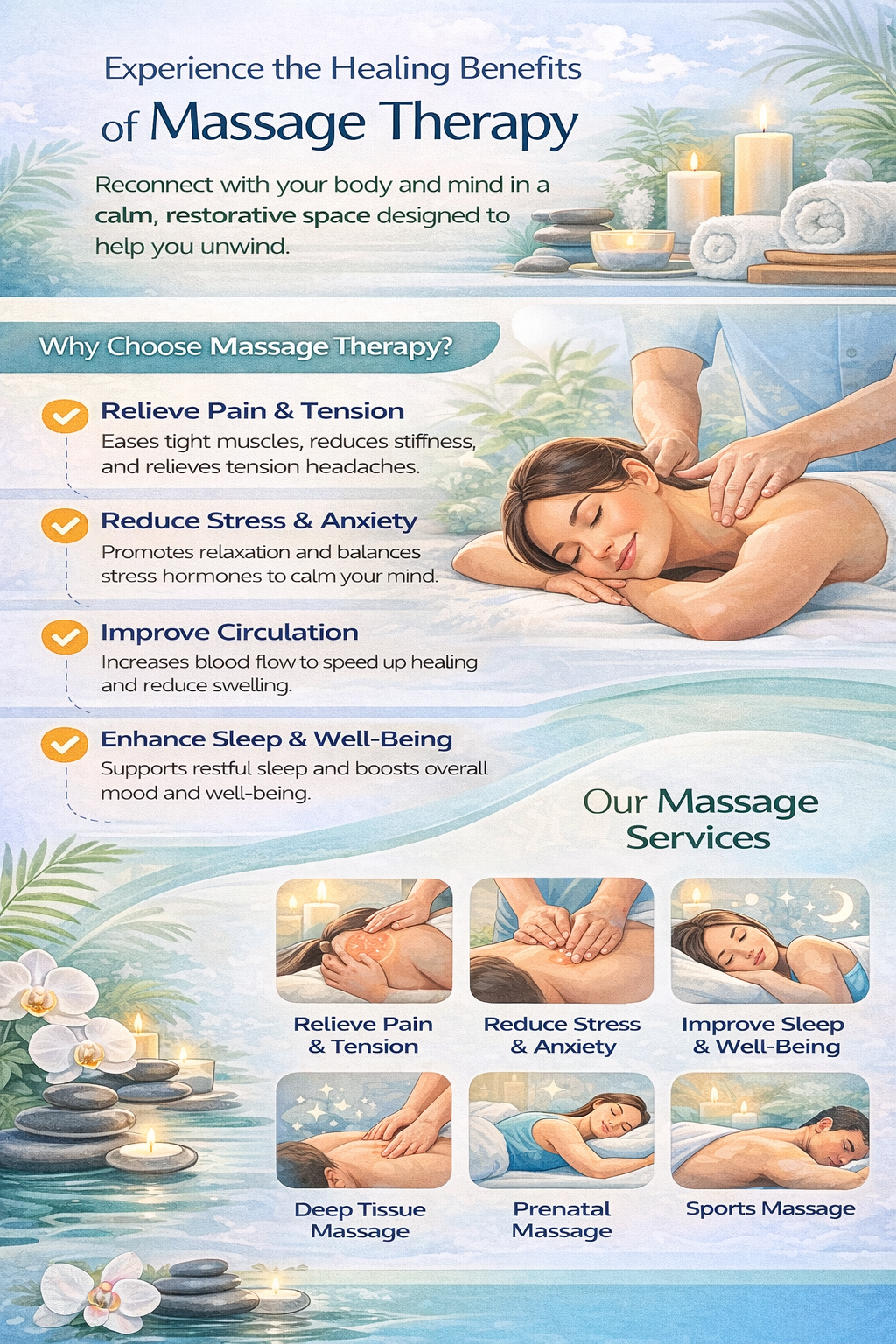 A promotional poster for massage therapy benefits, featuring a woman receiving a back massage, candles, towels, and stones. It lists benefits like pain relief, stress reduction, circulation improvement, and better sleep, with images of different massage services such as deep tissue, prenatal, and sports massage.