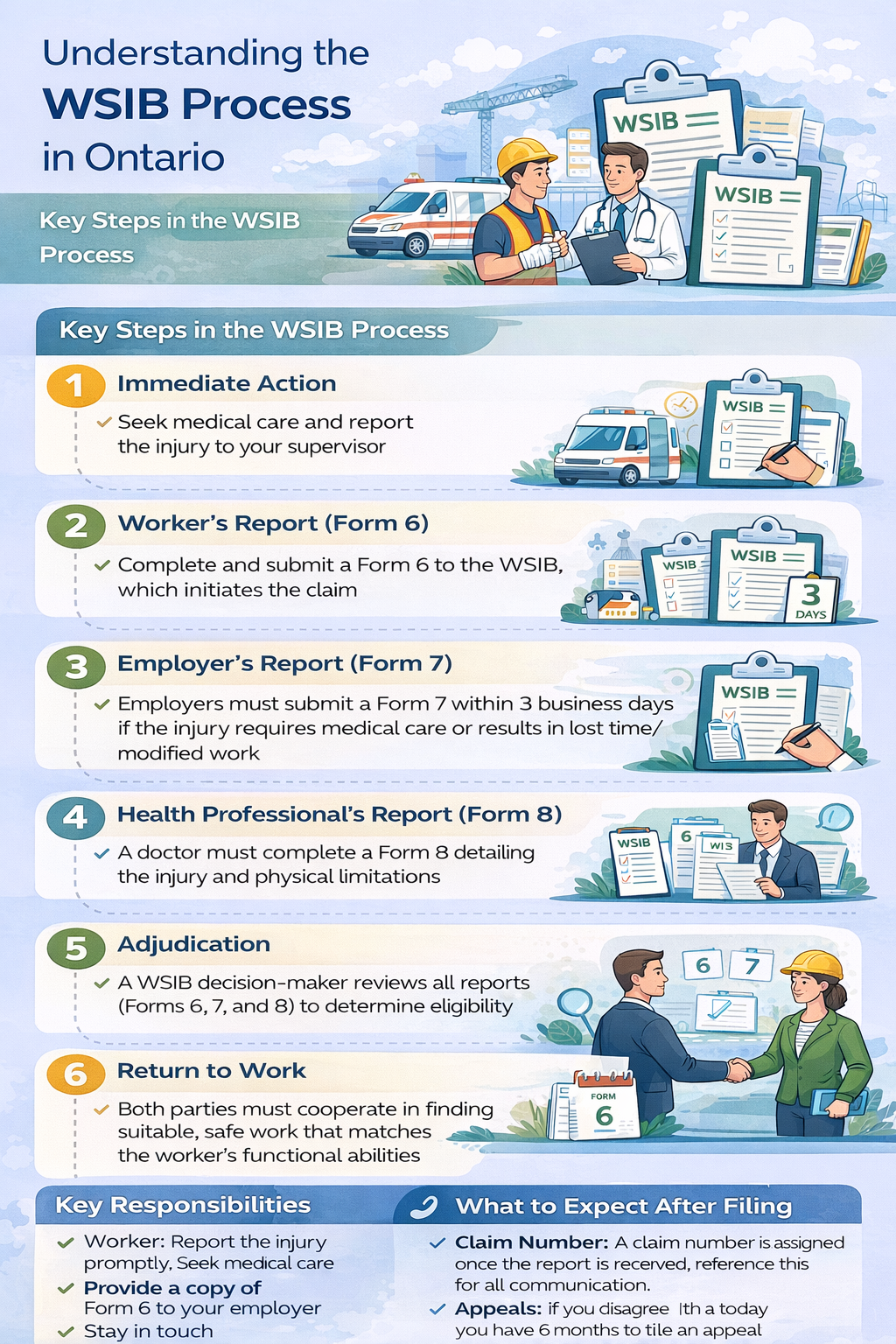Infographic explaining the WSIB process in Ontario, showing key steps for workplace injury reporting, including seeking medical care, submitting reports, employer and health professional reports, adjudication, and return to work. Illustrations of workers, medical professionals, and paperwork are featured.