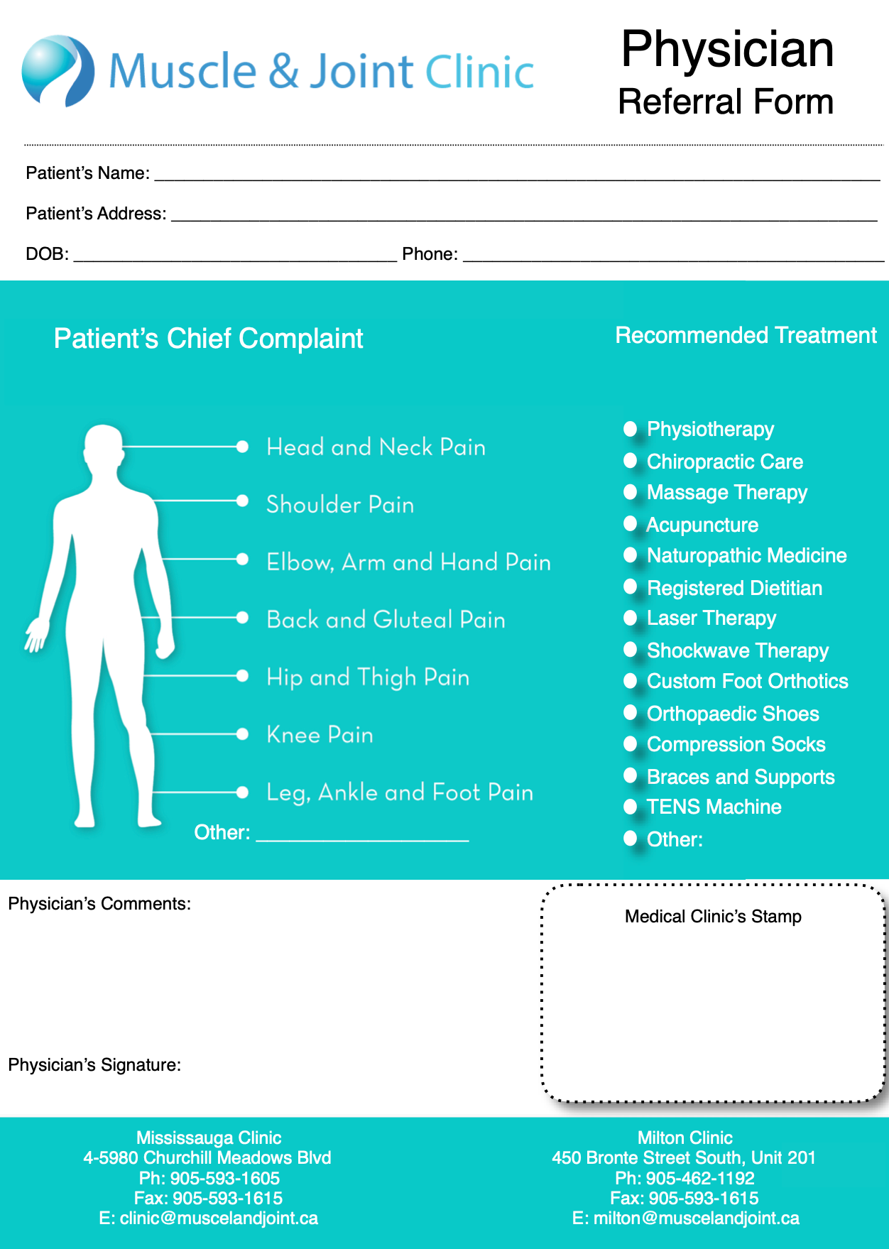 Referral form for Muscle & Joint Clinic with sections for patient information, chief complaints, recommended treatments, and clinic details.