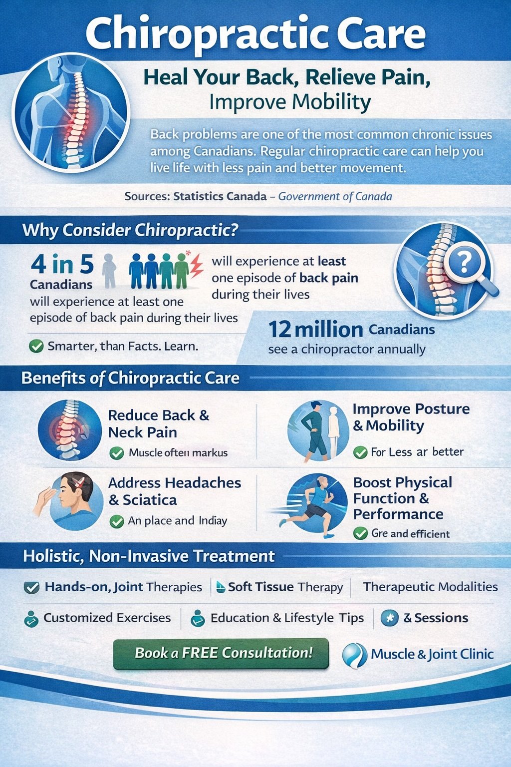 Chiropractic Care informational flyer highlighting benefits such as pain relief, improved posture, and better mobility. Includes statistics on back pain in Canadians and promotes holistic, non-invasive treatments with a call to action to book a free consultation.
