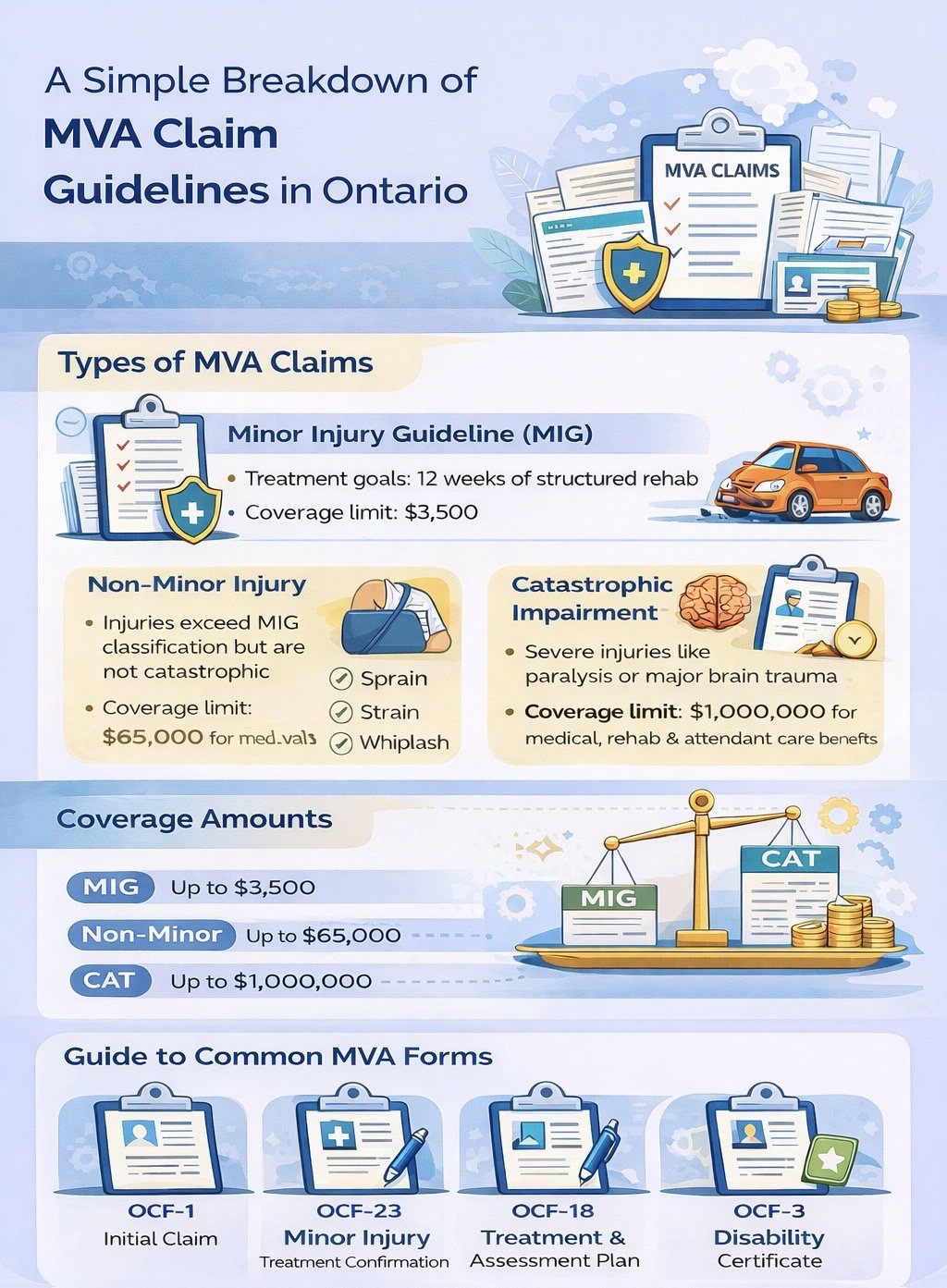 Infographic explaining MVA claim guidelines in Ontario, including types of claims, coverage amounts, and common forms.