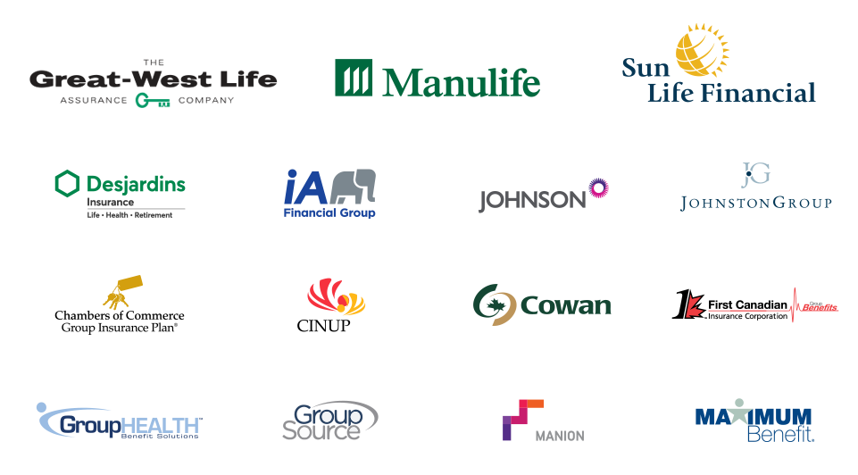 Logos of multiple insurance, financial, and healthcare companies including Great-West Life, Manulife, Sun Life Financial, Desjardins, IA Financial Group, Johnson, Johnson Group, Chambers of Commerce, CINUP, Cowan, First Canadian Benefits, Group Health, Group Source, Manion, and Maximum Benefit.