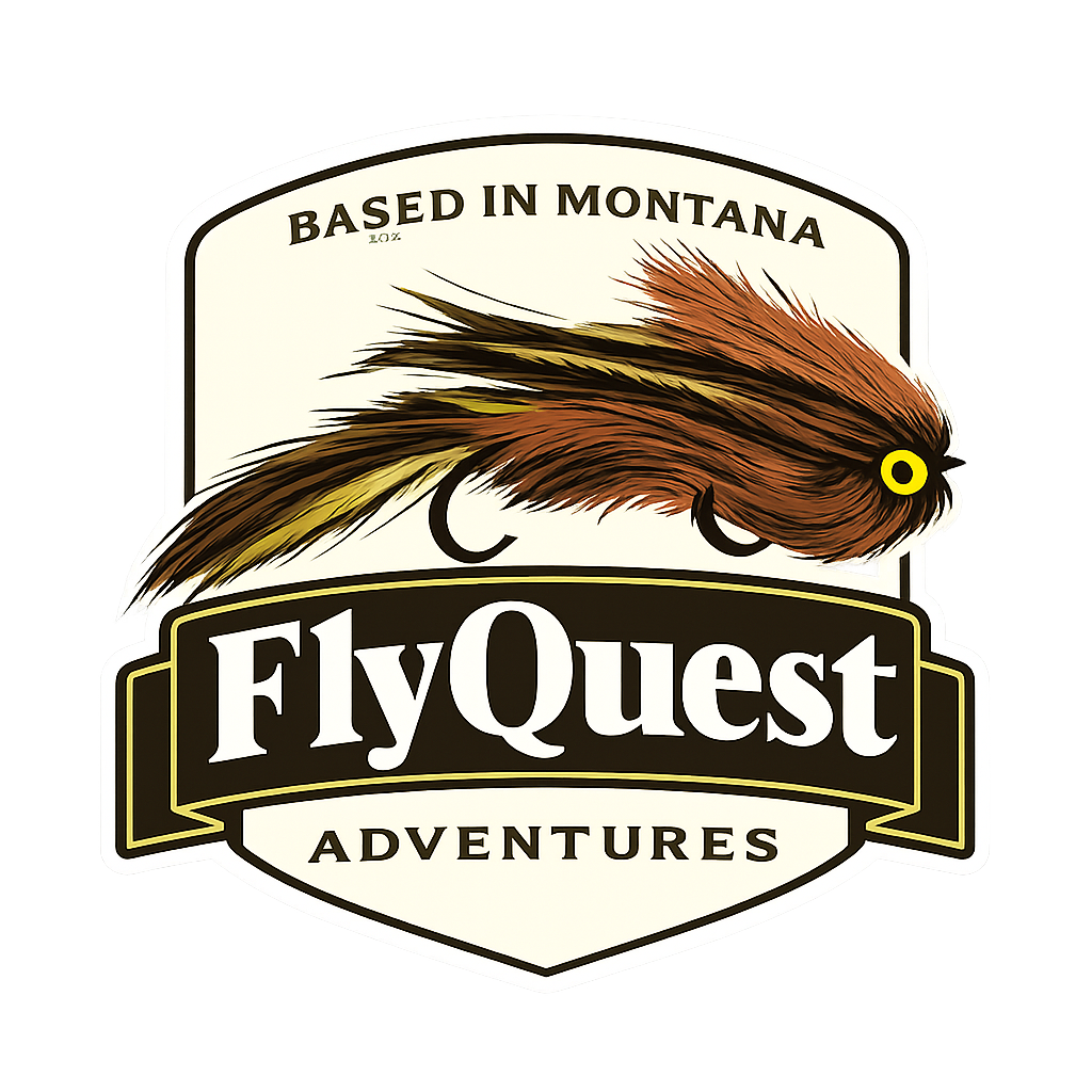 A logo for FlyQuest Adventures featuring a stylized fish with brown and yellow feathers and a yellow eye, with the text 'Based in Montana' above and 'FlyQuest Adventures' below.