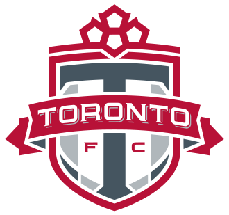 Toronto FC logo featuring a stylized crest with a red and dark gray color scheme, a soccer ball, and the text 'TORONTO' across the middle.