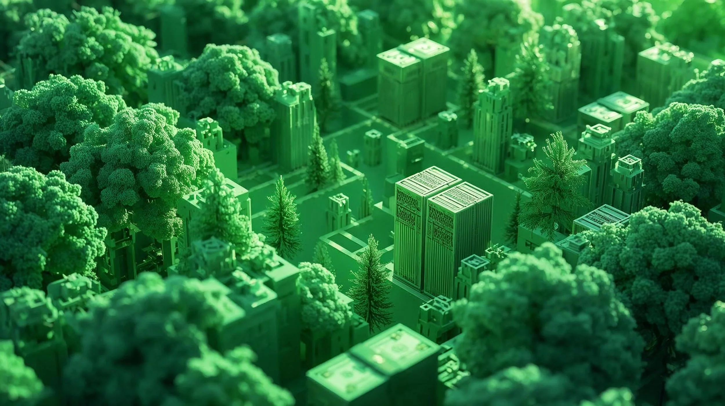 A miniature model of a cityscape with tall buildings and trees, illuminated with green lighting.