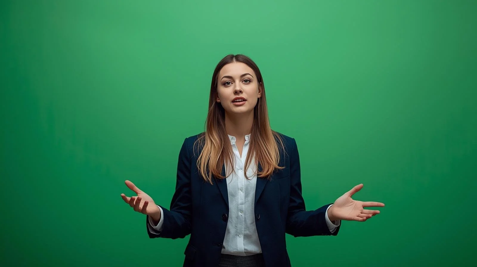 A woman with long brown hair, wearing a navy blazer and white shirt, standing against a green background, gesturing with her hands and speaking.