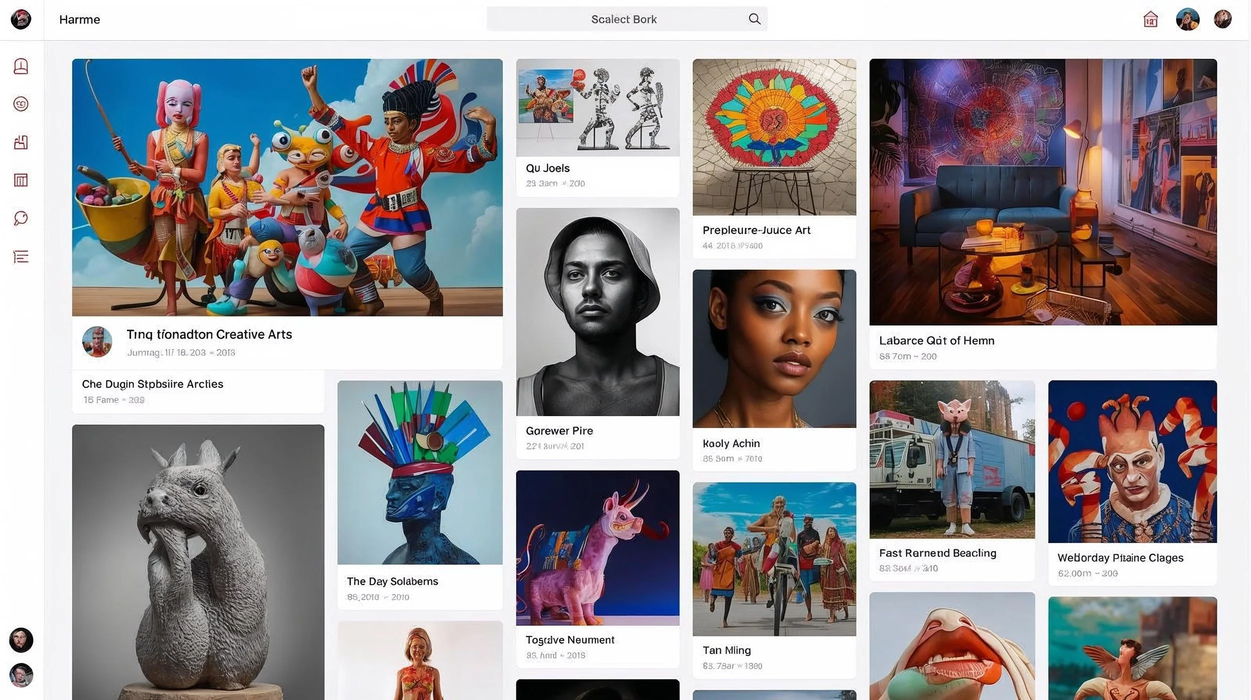A digital art platform with various pieces including colorful sculptures, paintings, and photographs, featuring contemporary and traditional themes.