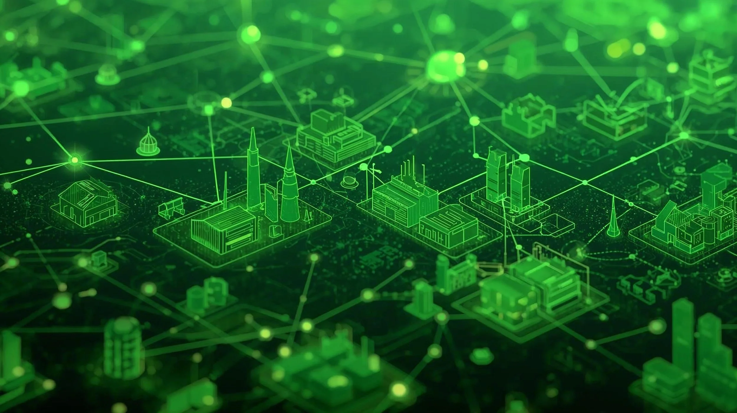 A digital rendering of a smart city with connected infrastructure, buildings, and communication nodes, depicted in green outline form.