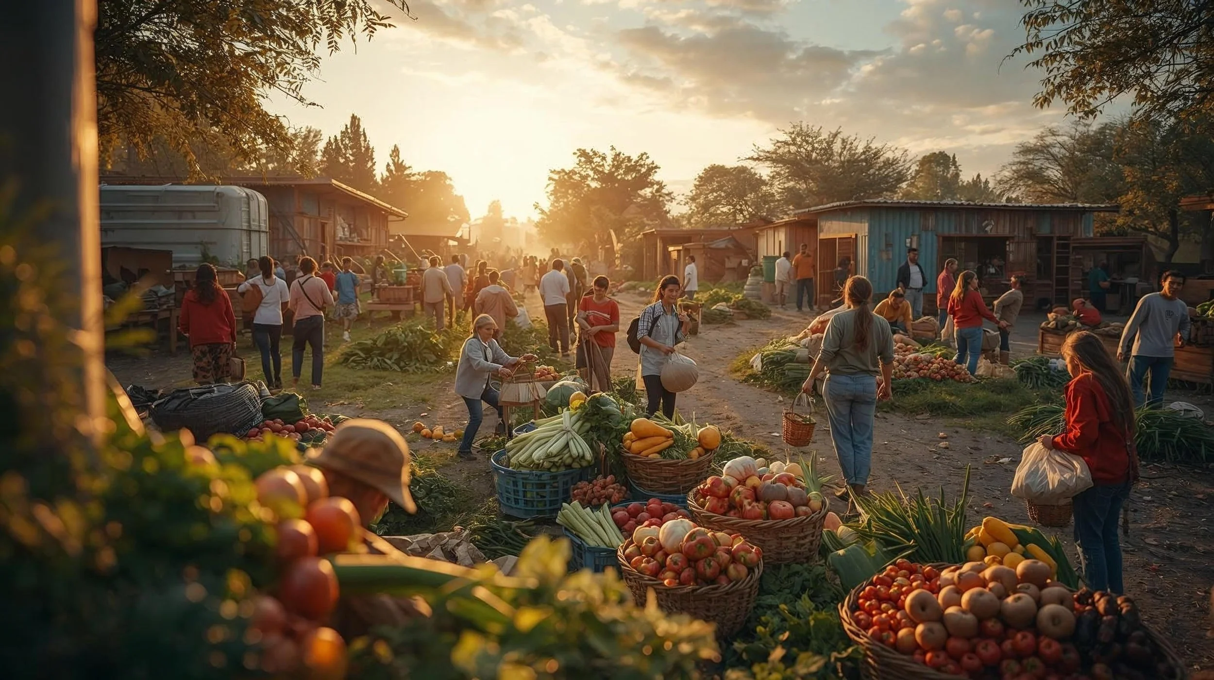 A busy outdoor market at sunset with people selling and buying fresh produce such as apples, pumpkins, and vegetables, in a rural setting with wooden houses and trees.