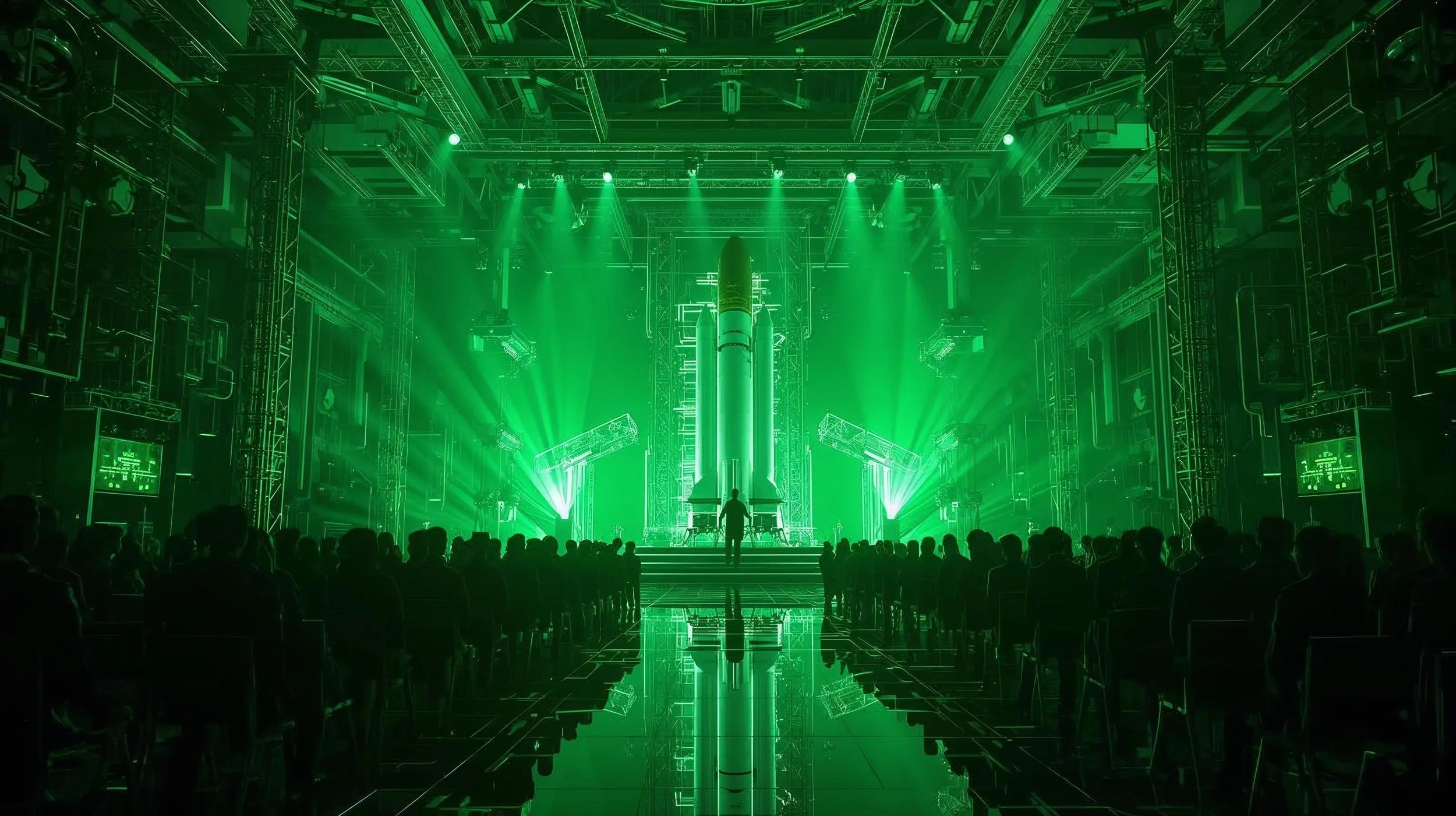 A large indoor event space with a stage at the center featuring a rocket backdrop illuminated by green lighting and laser effects, with an audience seated in front.