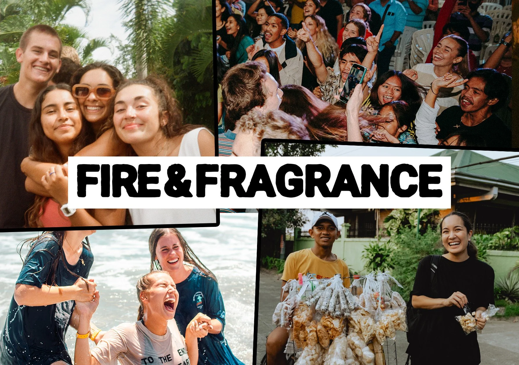 Collage of diverse groups of people enjoying outdoor activities: a group of friends smiling together, an audience cheering at a concert, children playing at the beach, and a street vendor selling snacks, with the text "FIRE & FRAGRANCE" overlaying the images.