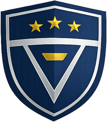 A shield emblem with three gold stars at the top, a horizontal silver stripe, and a V-shaped design with a gold element in the center, all on a blue background.