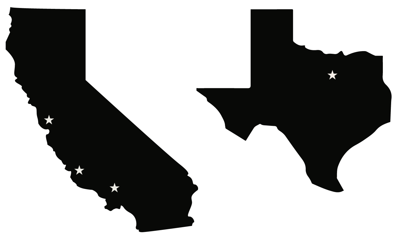 Map of California and Texas with four white stars marking specific locations in both states.