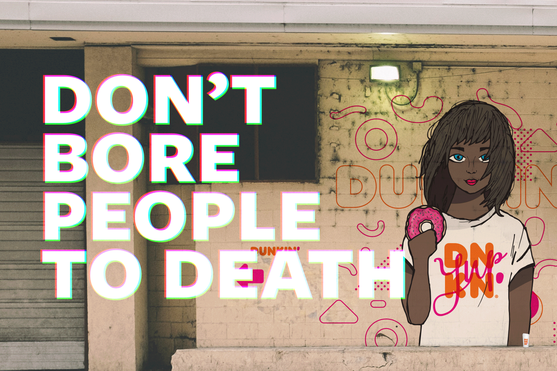 Graffiti wall with large colorful text saying 'Don't BORE People to DEATH' and a cartoon woman with blue eyes and dark hair holding a pink donut, wearing a white t-shirt with orange and pink text.
