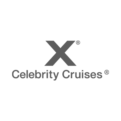 Black and white logo for Celebrity Cruises with a large 'X' and text underneath.