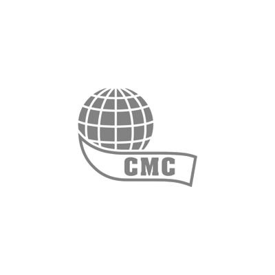 A globe with a grid pattern and a banner reading 'CMC' underneath it, all in black and white.