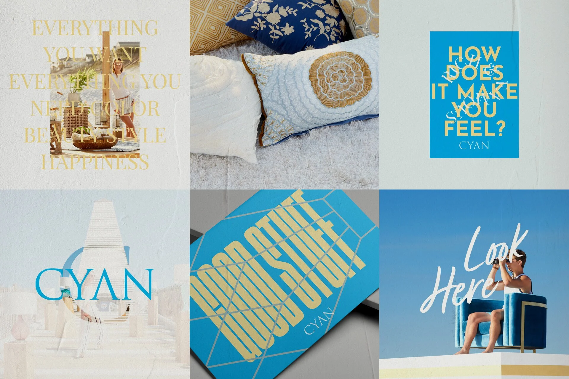 A collage of images including decorative pillows with floral and geometric patterns, colorful text overlays with motivational quotes, a woman taking photos, and graphics of a tower and a geometric pattern.