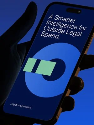 A smartphone screen displaying a blue background with the text "A Smarter Intelligence for Outside Legal Spend" and a graphic of a green and blue pie chart.