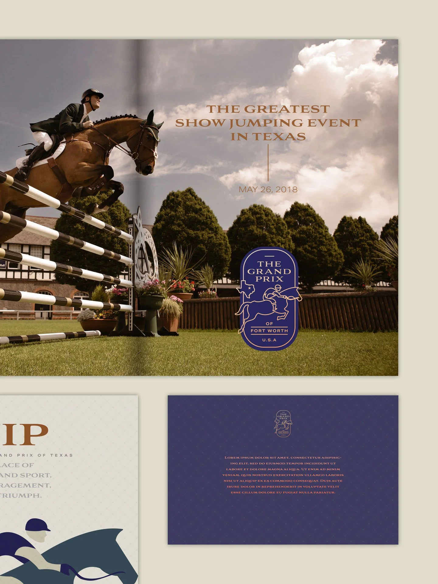 Promotional image for the Grand Prix of Texas featuring a rider on a jumping horse clearing a fence, with event details and logo, outdoors with trees and partly cloudy sky.