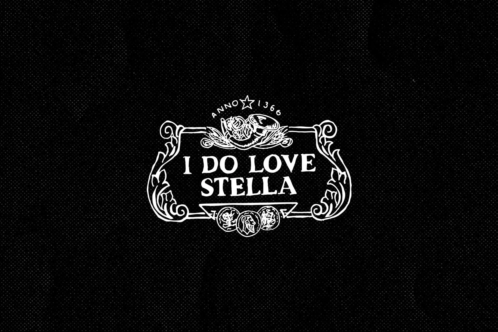 Black background with white decorative line art text that reads 'I do love Stella' and includes small illustrations of flowers, a star, and circular images of a person's face.