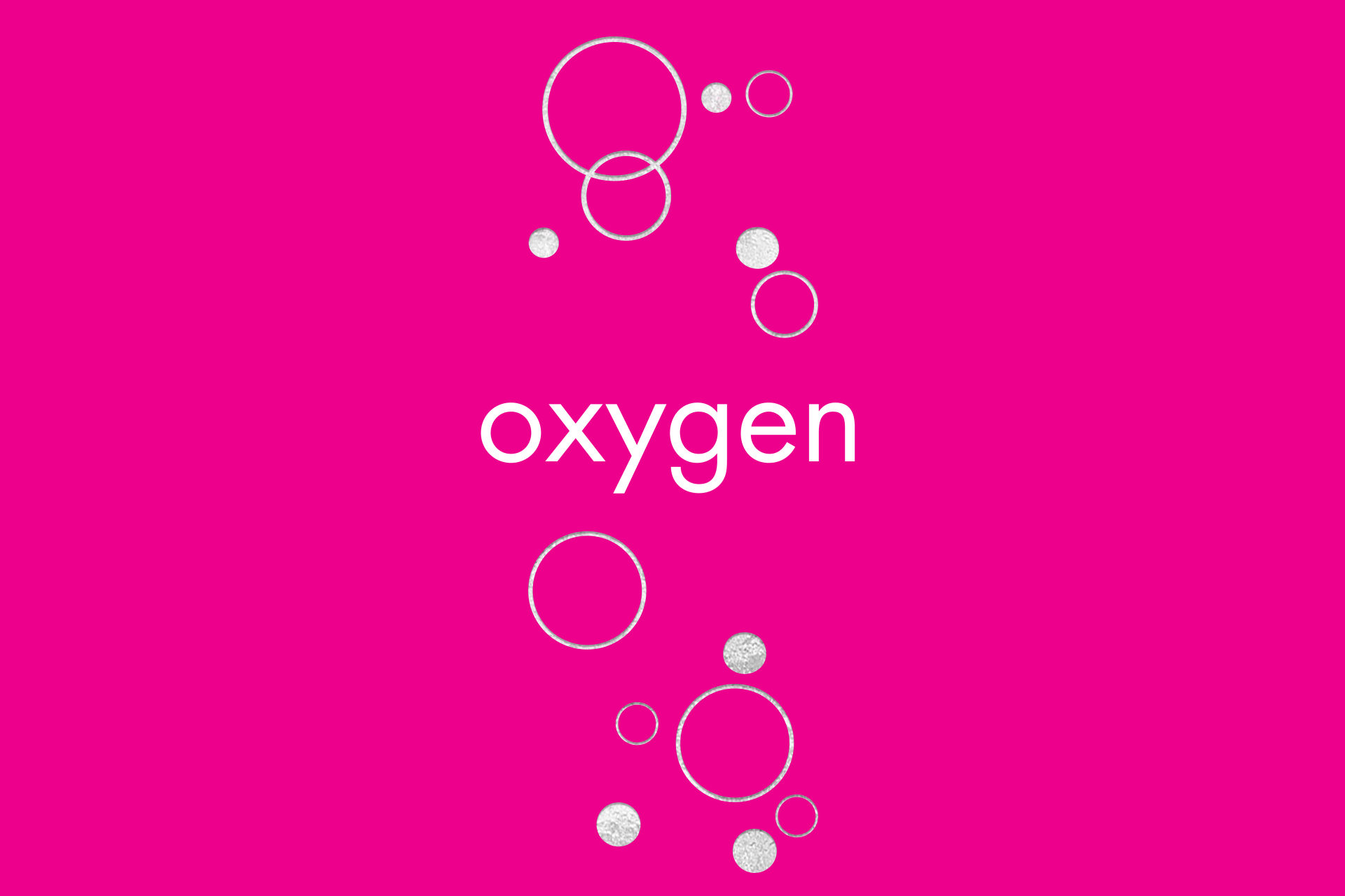 Graphic with the word 'oxygen' in white lowercase letters on a pink background, featuring white and silver circles of various sizes patterned vertically.