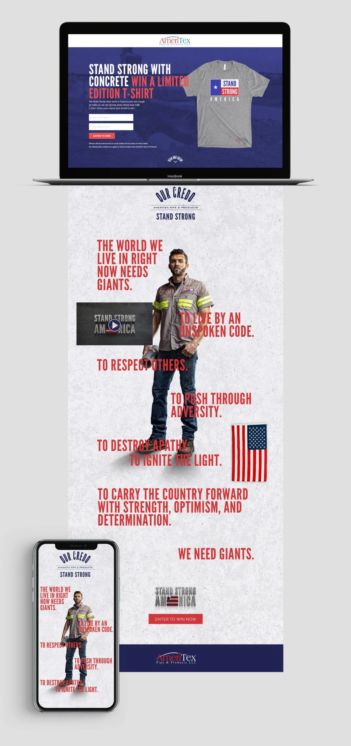 A promotional digital graphic for AmeriTex Pipe & Products LLC highlighting their campaign to stand strong and promote American values. The image features a laptop and a smartphone screen displaying messages about resilience, respect, diversity, and 