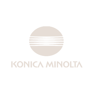 Konica Minolta logo featuring a gray circle with horizontal lines and the company name below.