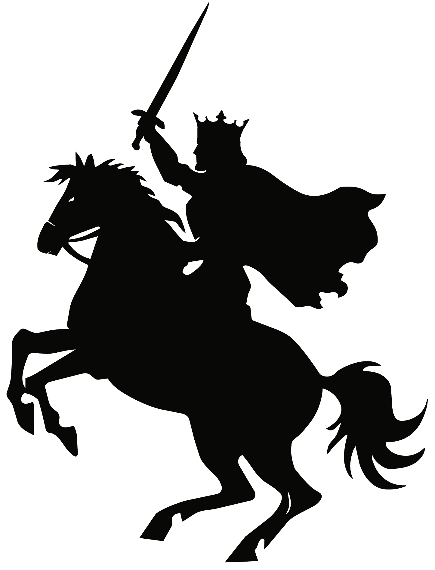 Silhouette of a knight riding a horse, holding a raised sword, with a crown on the knight's head, representing a king or a royal figure.