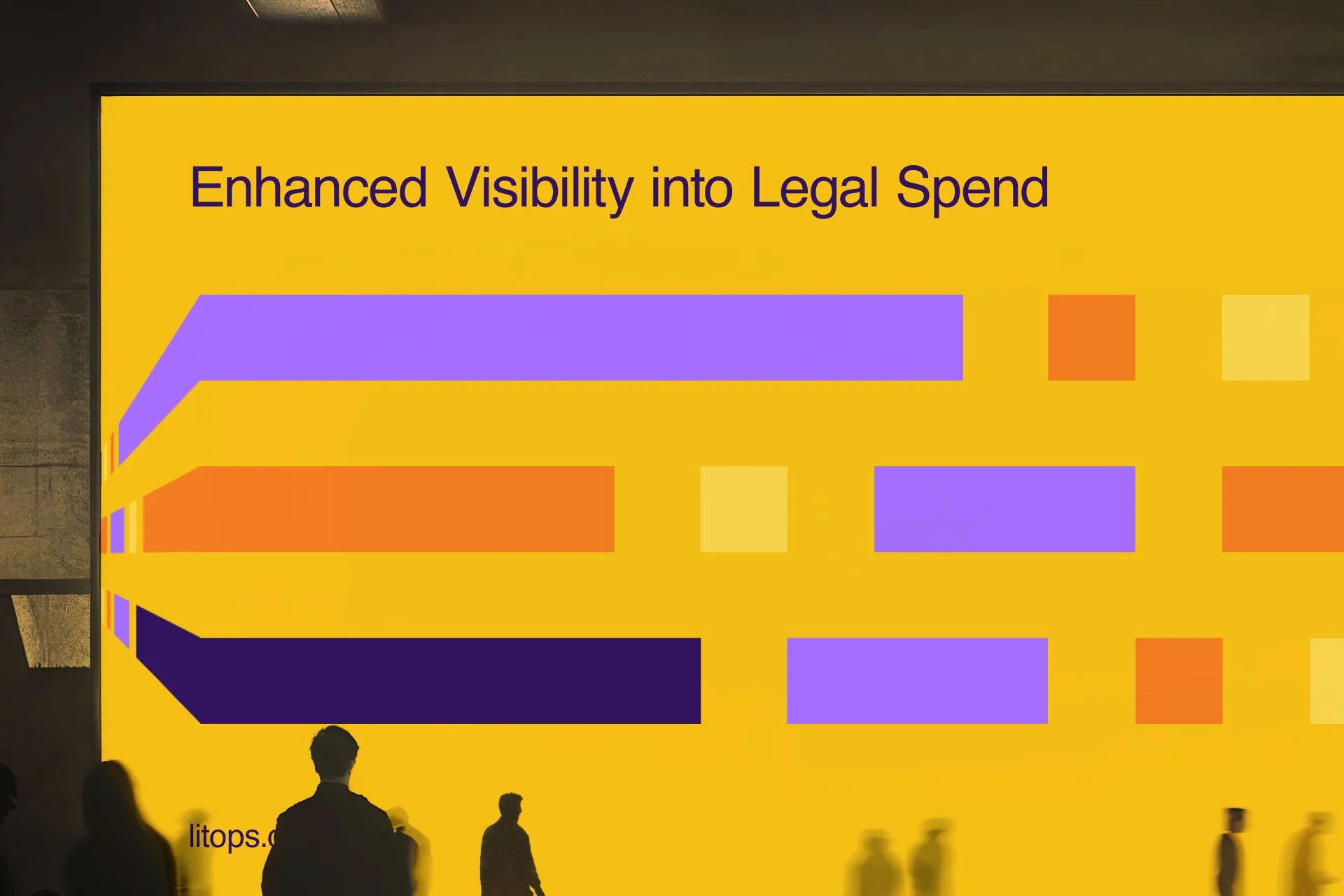 A large yellow presentation slide with the title 'Enhanced Visibility into Legal Spend' and six bars in purple, orange, and yellow colors representing data, with silhouettes of people in the foreground.