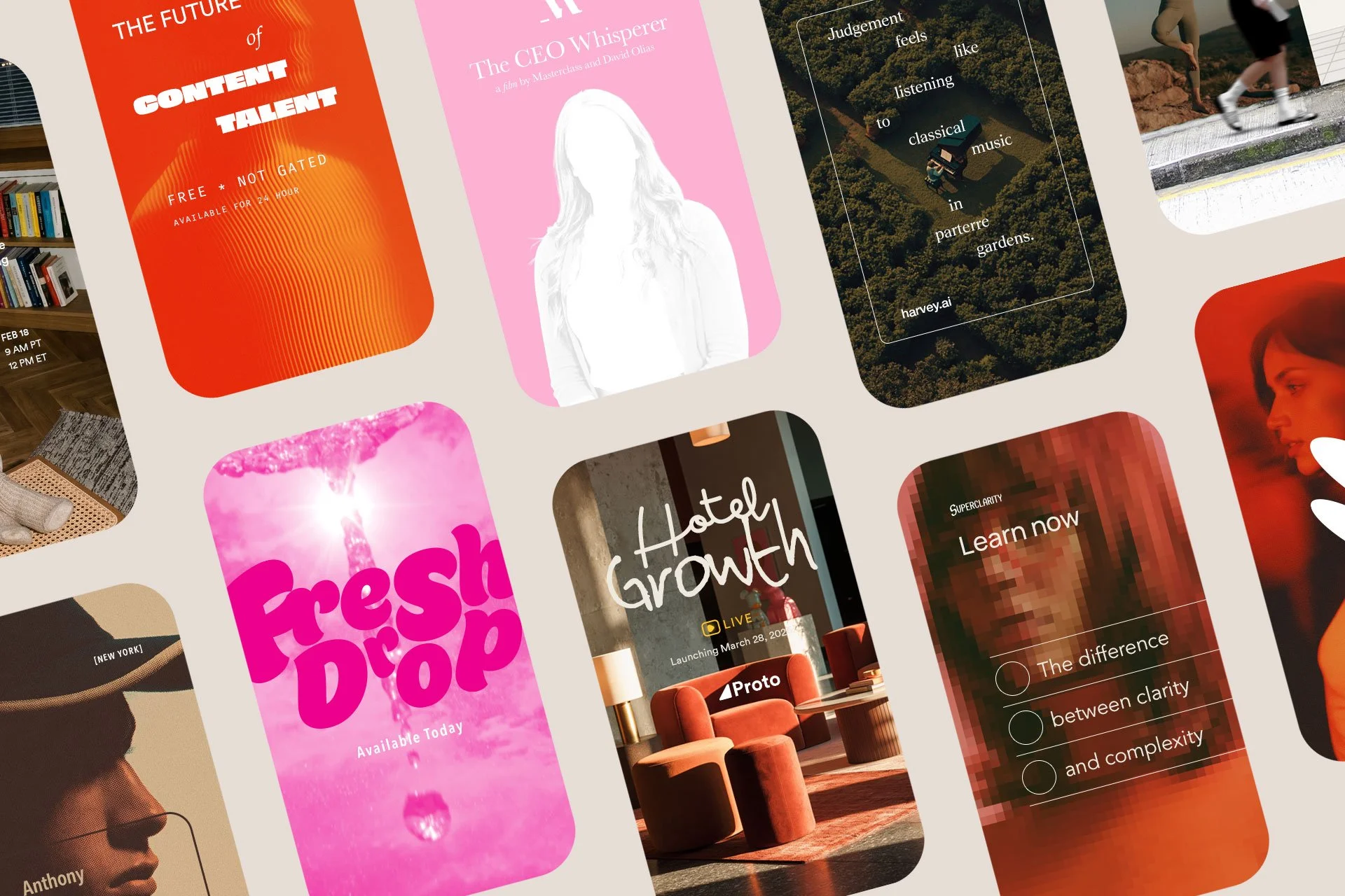 A collection of various digital screens displaying different colorful advertisements, posters, and social media designs, including text about events, art, and other topics.