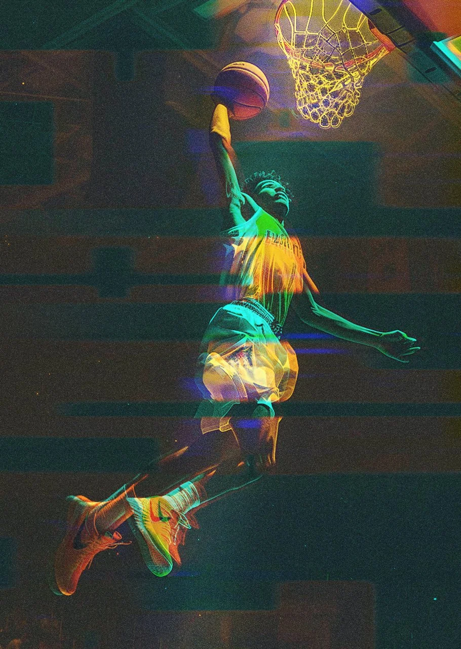 A neon-style illustration of a basketball player dunking a ball towards a hoop, with colorful glow effects.