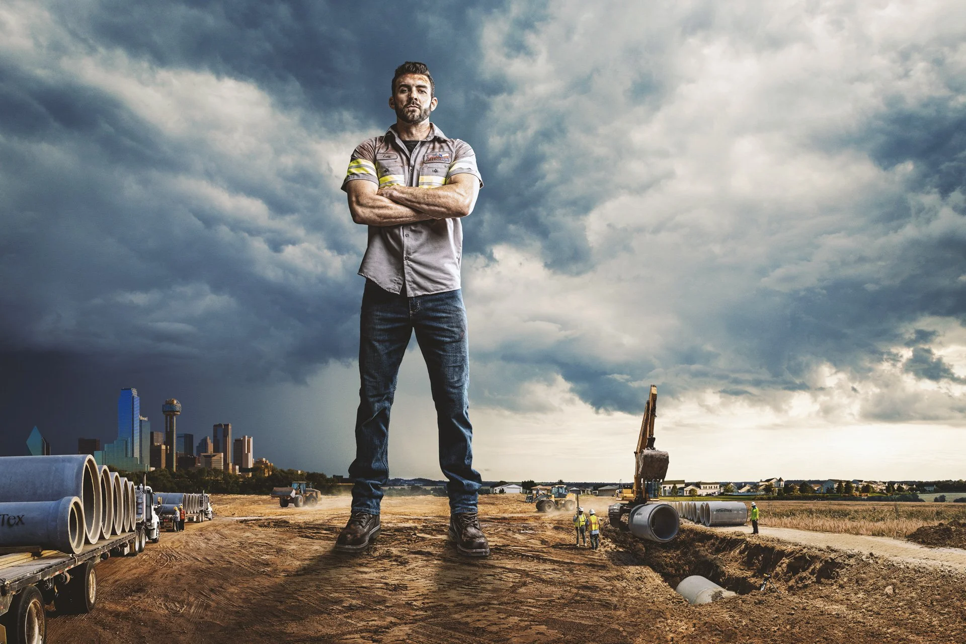 A large man with arms crossed standing on a dirt construction site with pipes and construction equipment, under a cloudy sky, with a city skyline in the background.