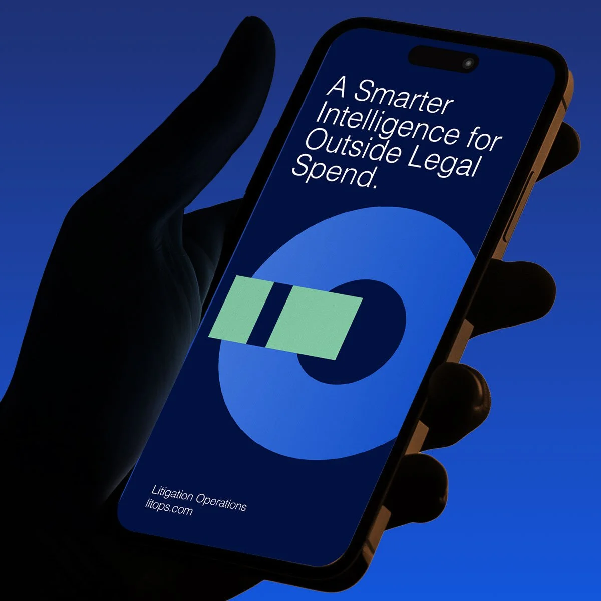 A person holding a smartphone displaying the text 'A Smarter Intelligence for Outside Legal Spend' with a graphic of a dollar bill and a circle, and the website litops.com at the bottom.