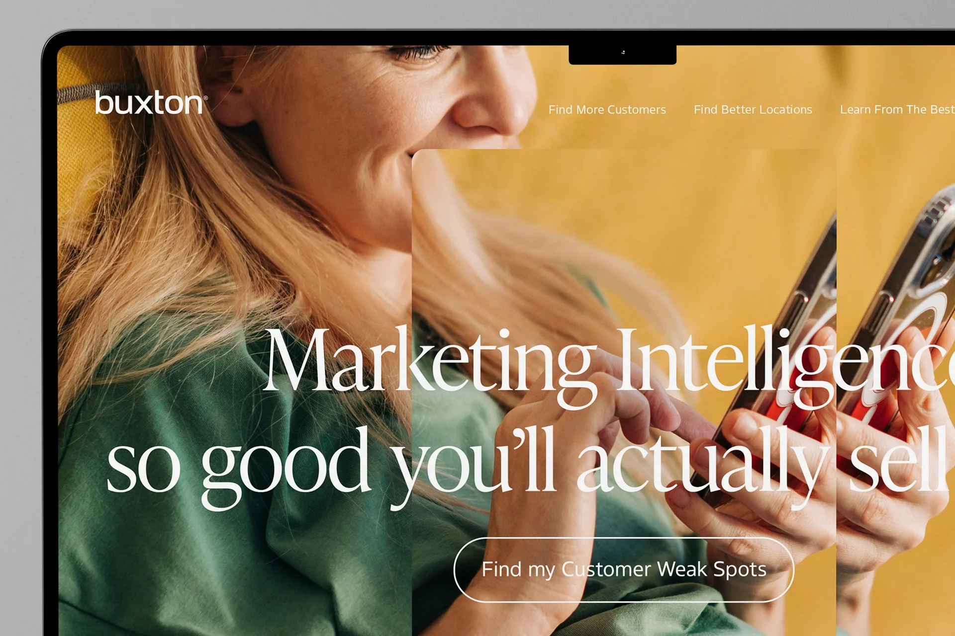 A woman with blonde hair looking at her smartphone, smiling, against a yellow background, with overlay text about marketing intelligence and a call-to-action button.