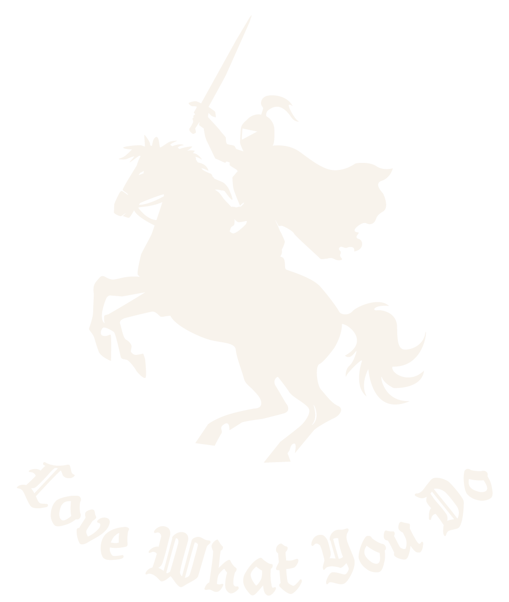A light-colored silhouette of a knight in armor riding a horse, holding a sword in the air. Below it are the words "Love What You D" in a curved, stylized font.