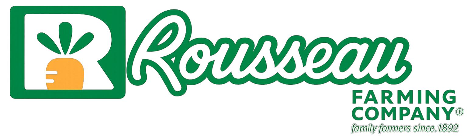 Logo of Roussea Farming Company featuring a stylized orange carrot with green leaves inside a green square, alongside the company name in green and black text, with additional slogan text in white.
