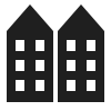 Two black house-shaped icons with windows