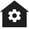Black and white icon of a house with a gear inside.