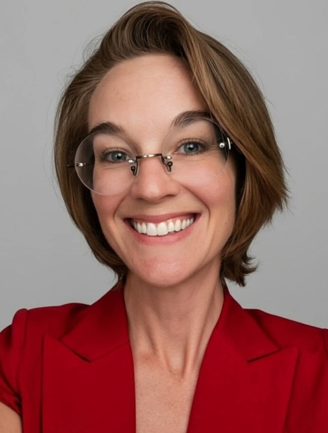 A woman with short brown hair, wearing glasses and a red blazer, smiling at the camera against a gray background.