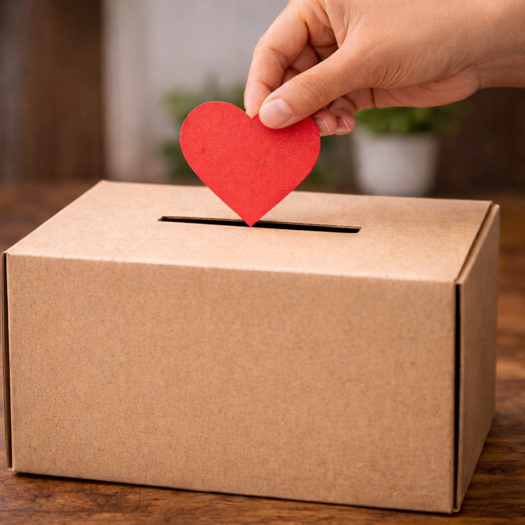 A hand placing a red paper heart into a cardboard donation box.