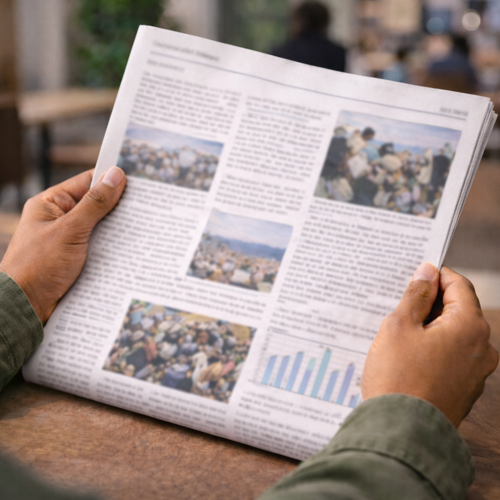 A person holding a newspaper with blurred images and text, sitting at a wooden table outdoors.
