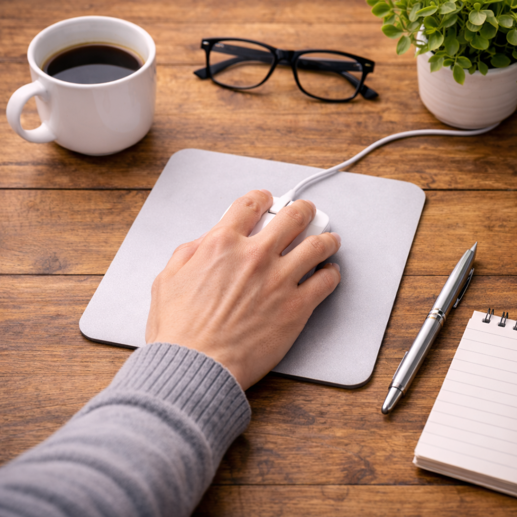 A person's hand using a computer mouse on a mouse pad, with a cup of coffee, a pair of glasses, a potted plant, a pen, and a notepad on a wooden table.