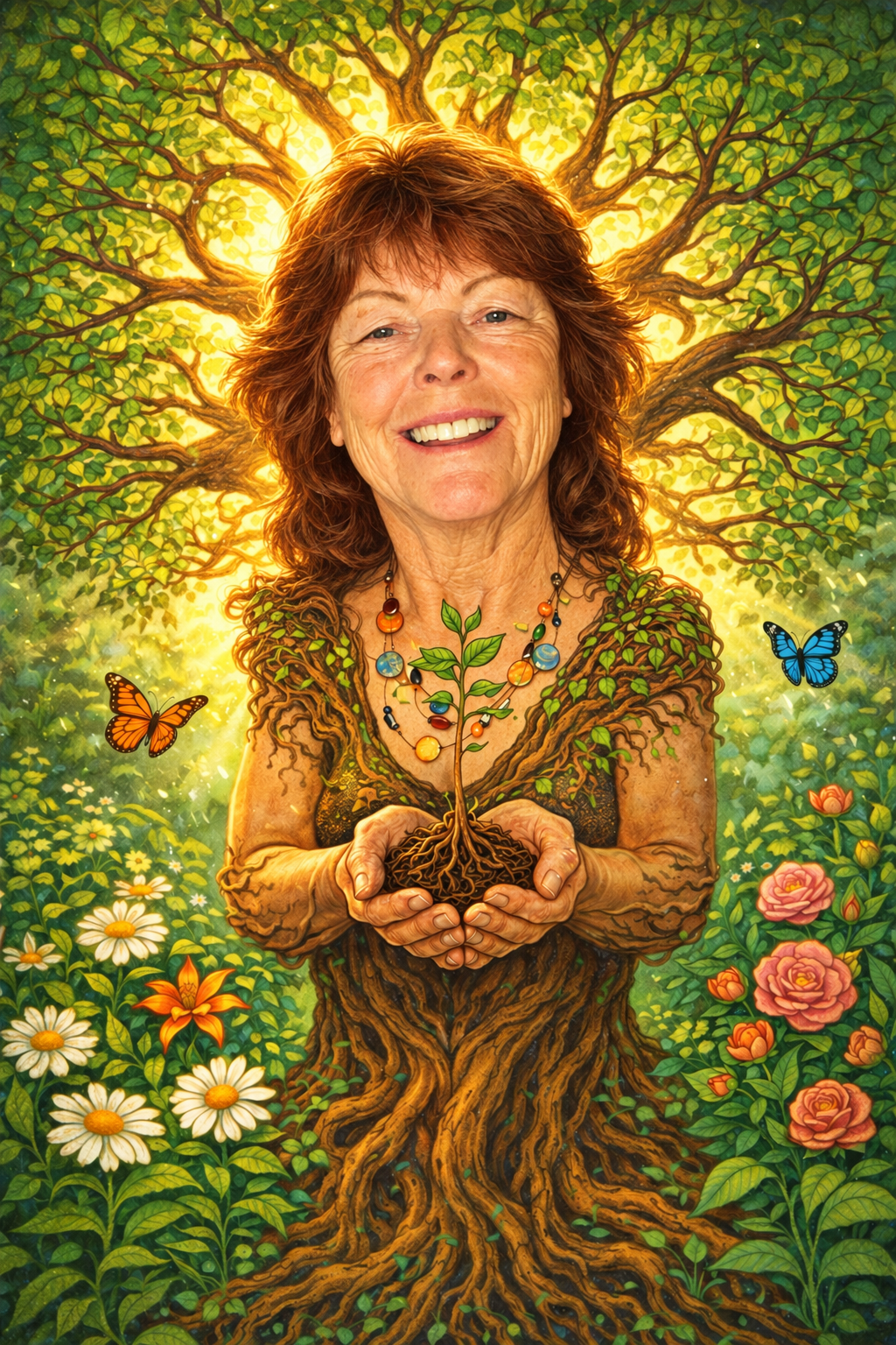 Caricature of Penny Barton surrounded by flowers, butterflies, and trees, with her figure blending into a tree.