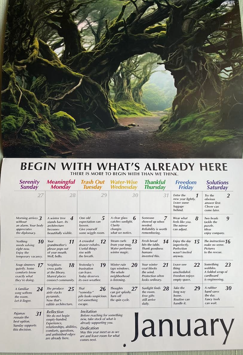 Interior page of the 2027 Living in Rhythm Adult Calendar, featuring two brief daily reflections and a forest path beneath arching trees.